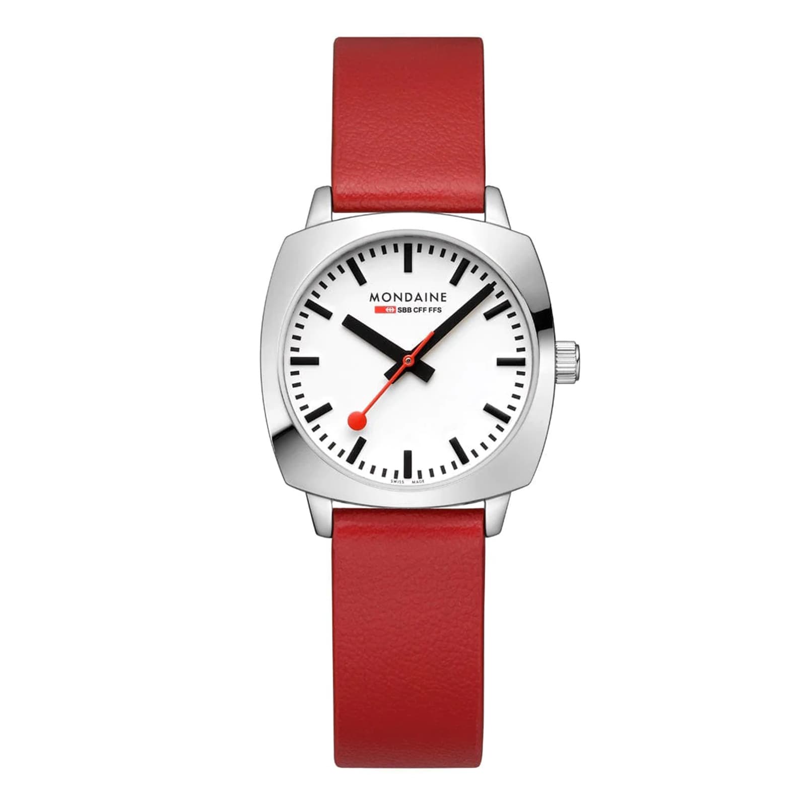 Mondaine Petite Cushion 31mm Ladies Watch White Red Strap