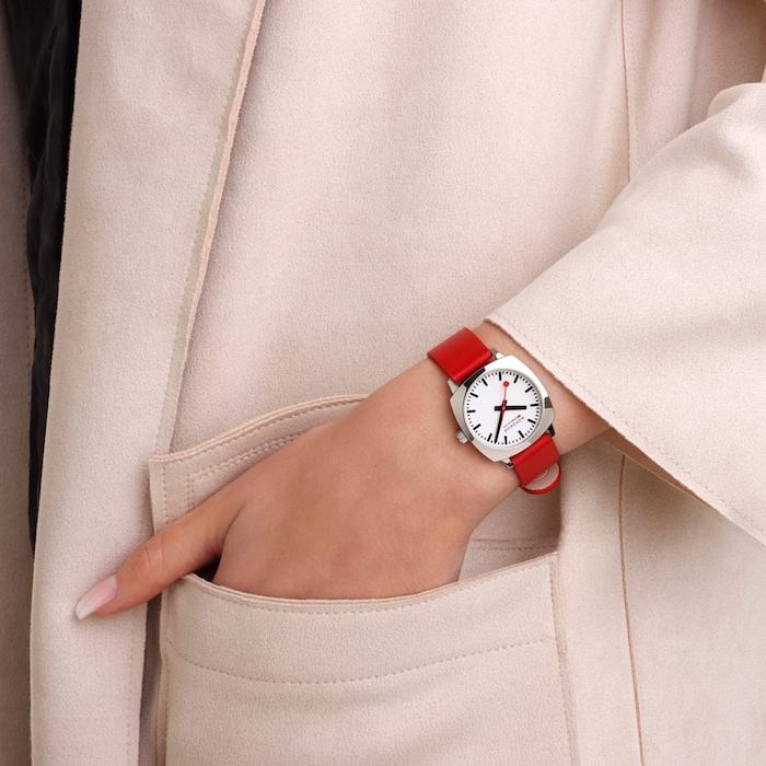 Mondaine Petite Cushion 31mm Ladies Watch White Red Strap