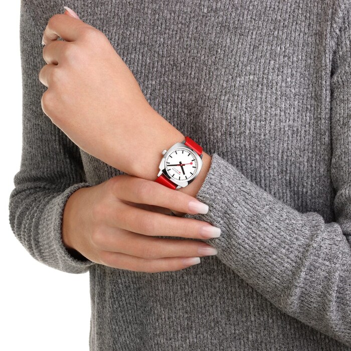 Mondaine Petite Cushion 31mm Ladies Watch White Red Strap