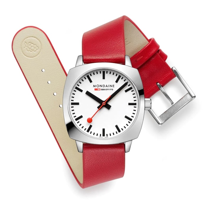 Mondaine Petite Cushion 31mm Ladies Watch White Red Strap