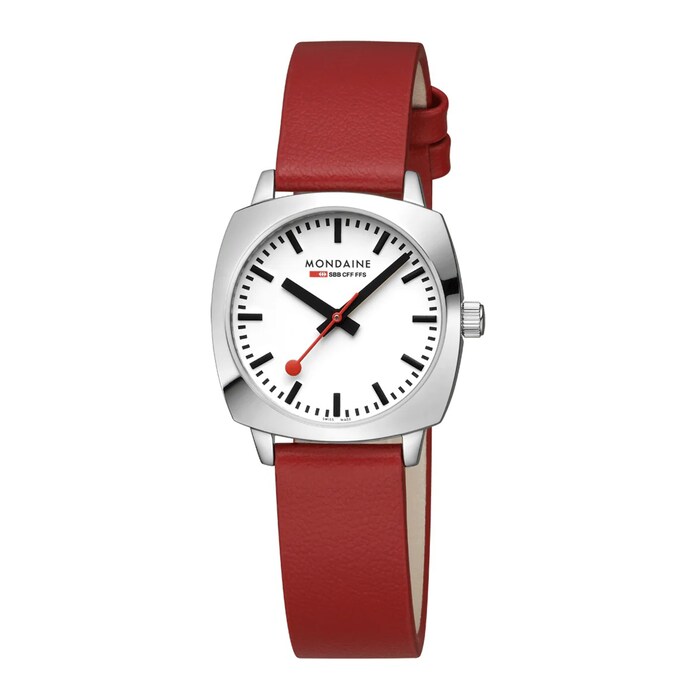 Mondaine Petite Cushion 31mm Ladies Watch White Red Strap