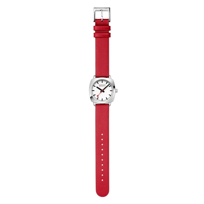 Mondaine Petite Cushion 31mm Ladies Watch White Red Strap