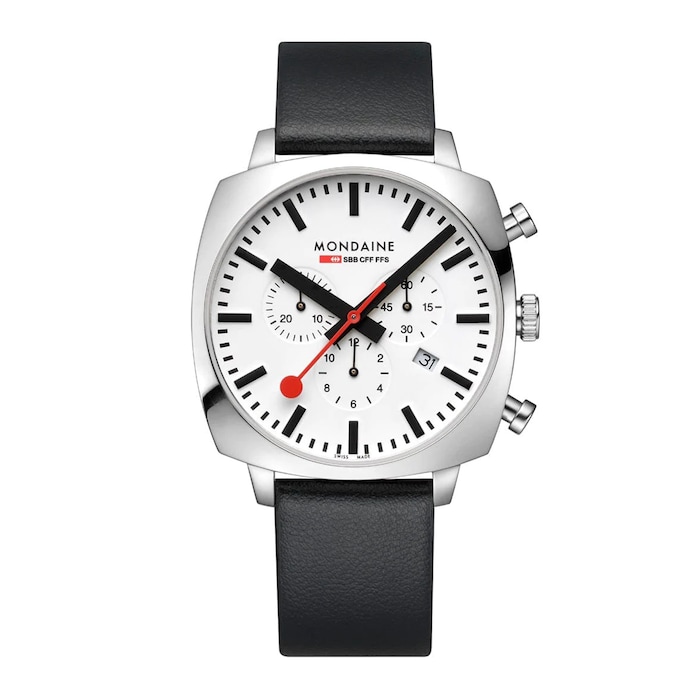 Mondaine Grand Cushion Set 41mm Mens Watch White Black Strap