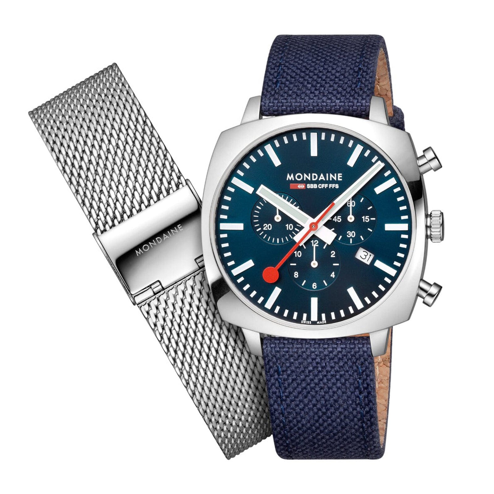 Mondaine Grand Cushion Set 41mm Mens Watch White Blue Strap Mondaine Grand Cushion Set 41mm Mens Watch White Blue Strap