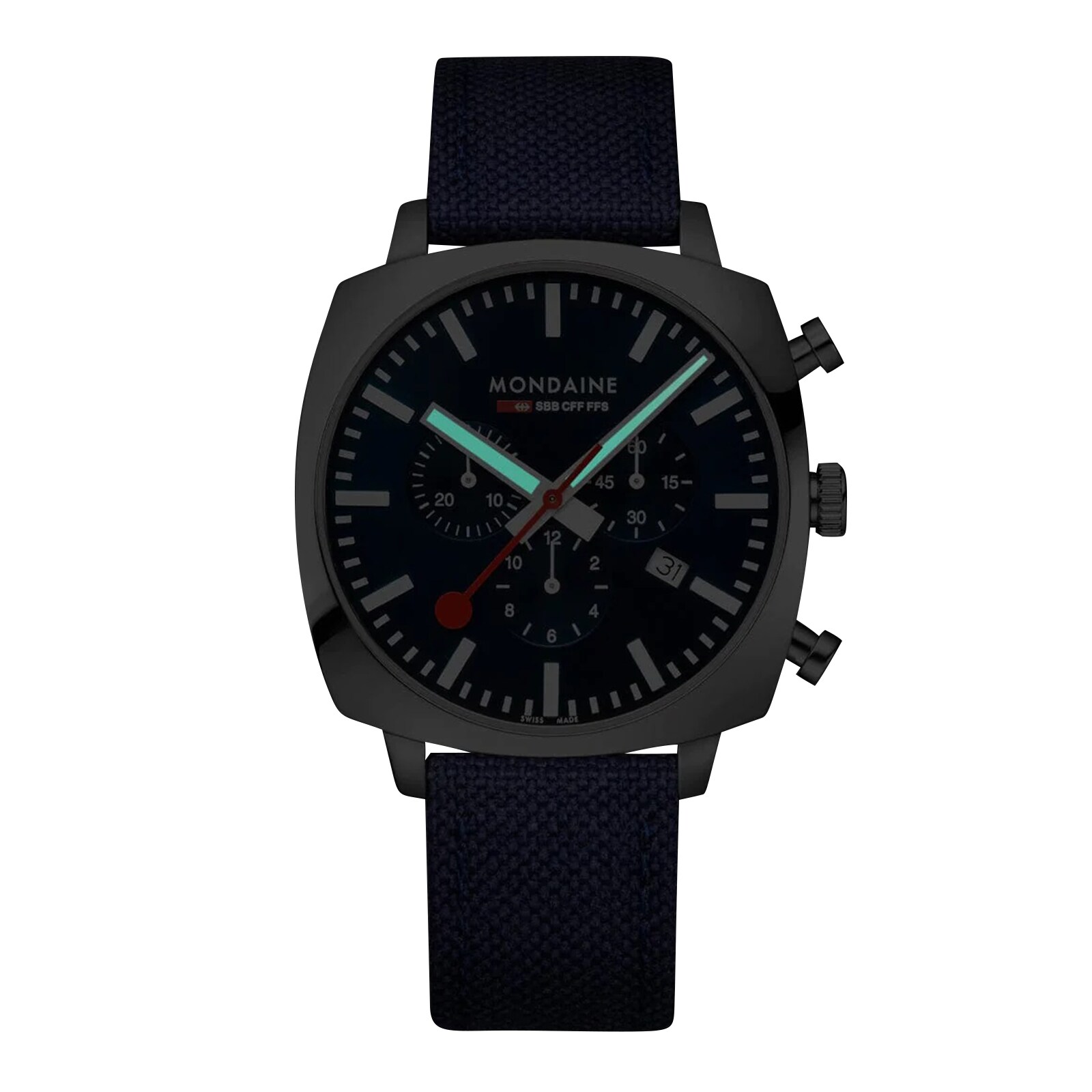 Mondaine Grand Cushion Set 41mm Mens Watch White Blue Strap Mondaine Grand Cushion Set 41mm Mens Watch White Blue Strap