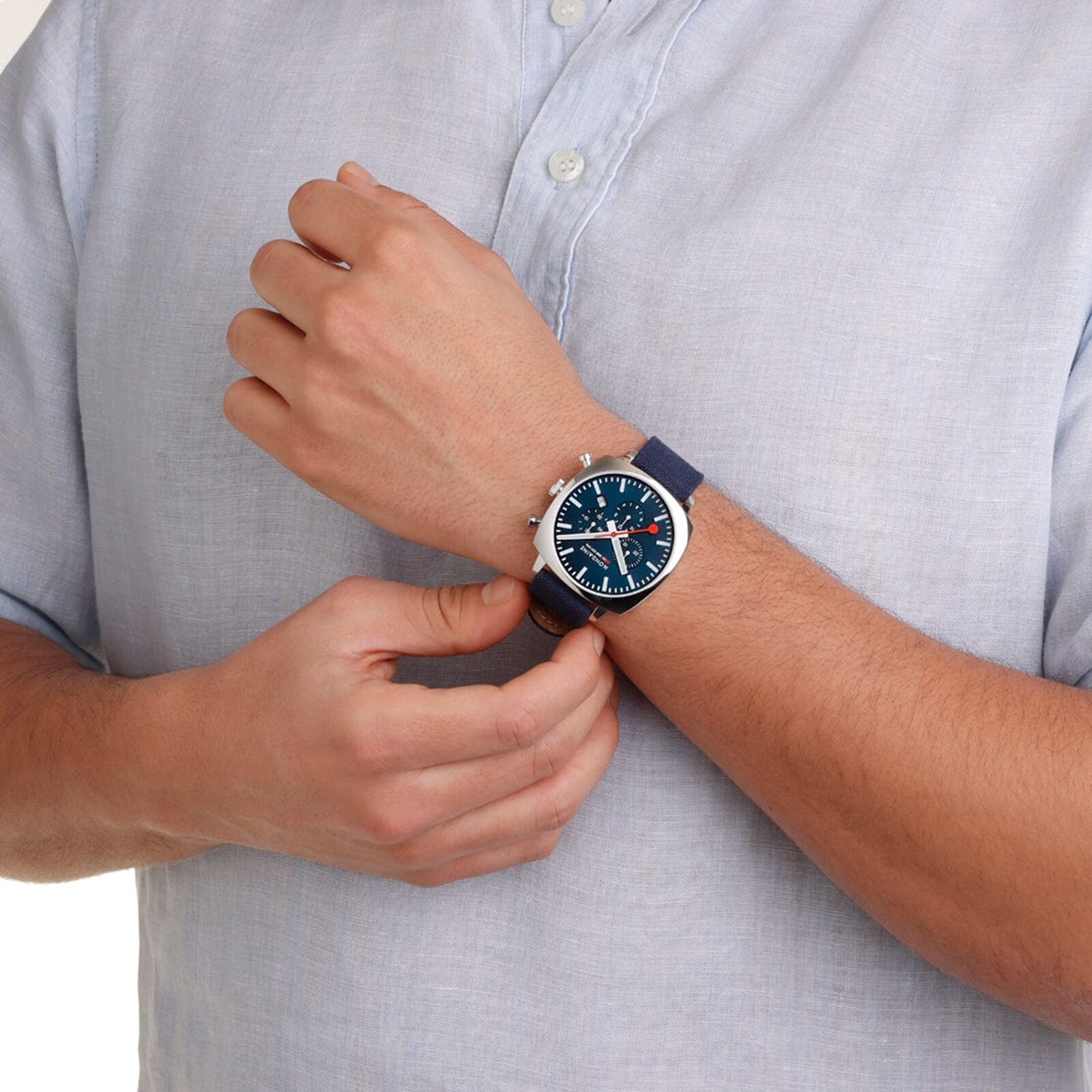 Mondaine Grand Cushion Set 41mm Mens Watch White Blue Strap Mondaine Grand Cushion Set 41mm Mens Watch White Blue Strap