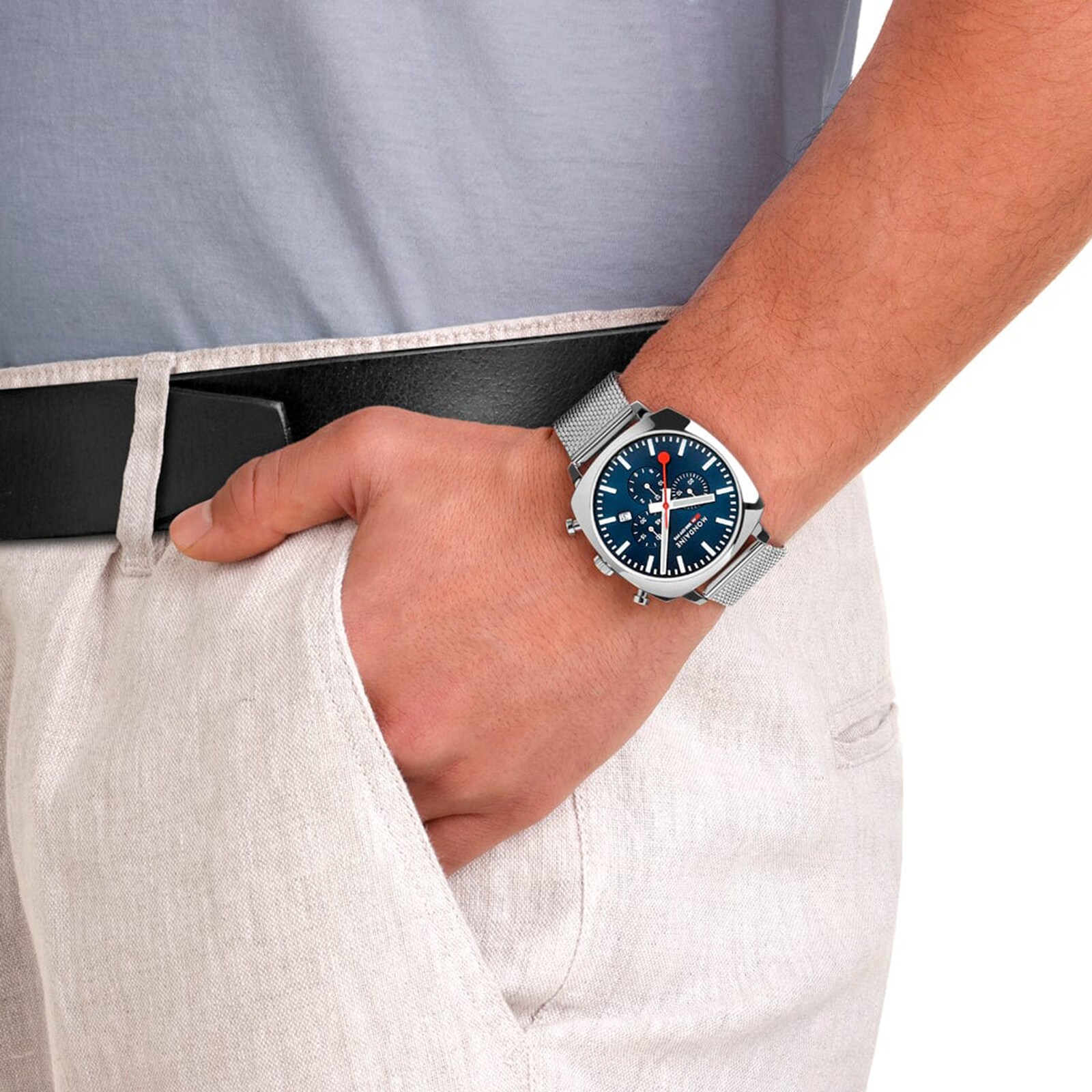 Mondaine Grand Cushion Set 41mm Mens Watch White Blue Strap Mondaine Grand Cushion Set 41mm Mens Watch White Blue Strap