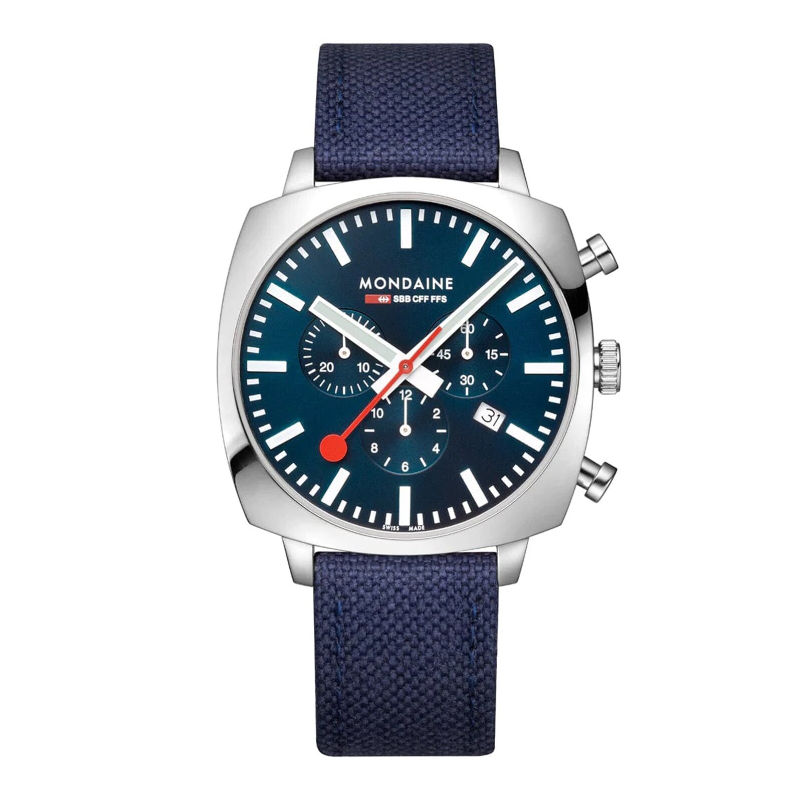 Mondaine Grand Cushion Set 41mm Mens Watch White Blue Strap Mondaine Grand Cushion Set 41mm Mens Watch White Blue Strap