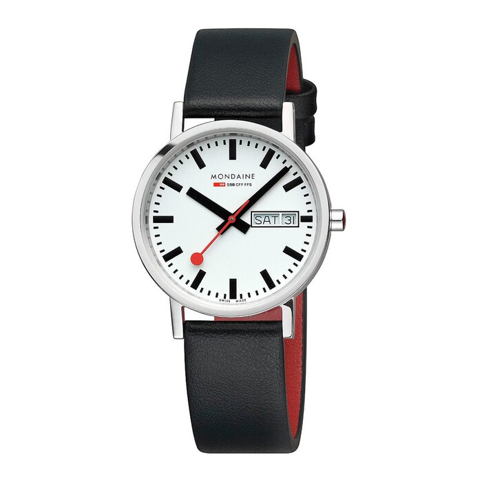 Mondaine Classic Day Date 36mm Unisex Watch White Black Strap