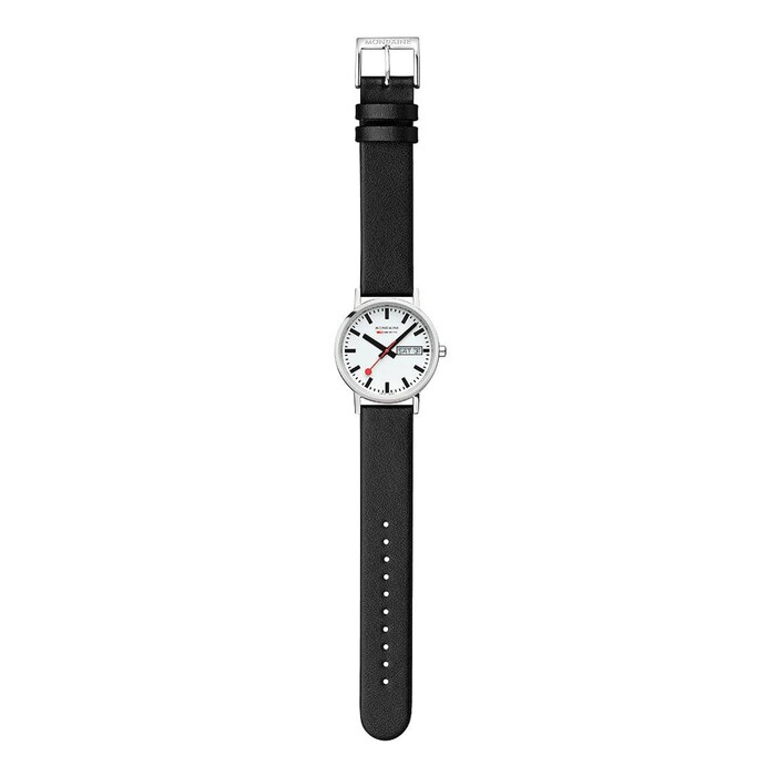 Mondaine Classic Day Date 36mm Unisex Watch White Black Strap