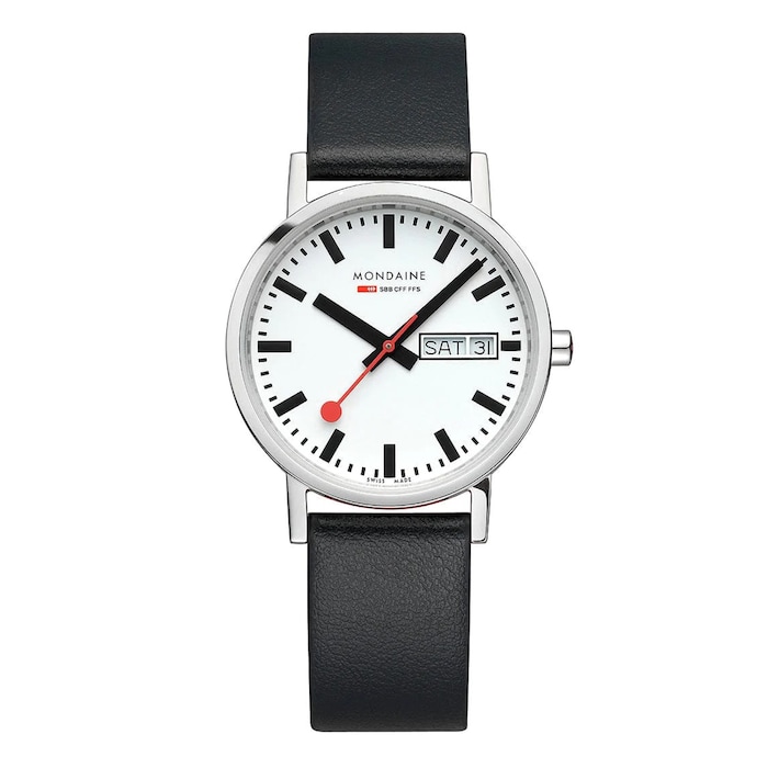 Mondaine Classic Day Date 36mm Unisex Watch White Black Strap