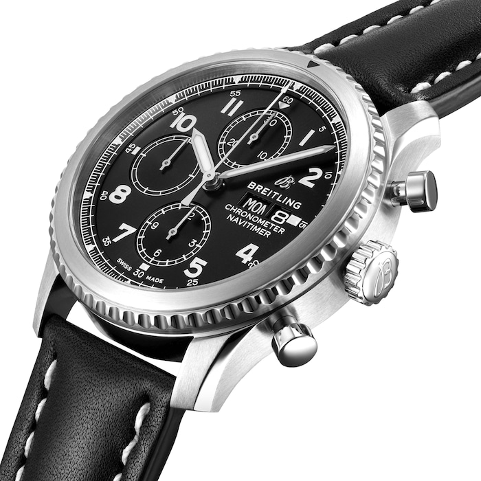 Breitling Navitimer 8 Stainless Steel Black Leather Auto Black Mens Watch, Breitling