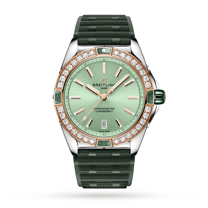 Breitling Super Chronomat Automatic 38 Green Stainless Steel & 18ct Rose Gold Rubber Strap Watch