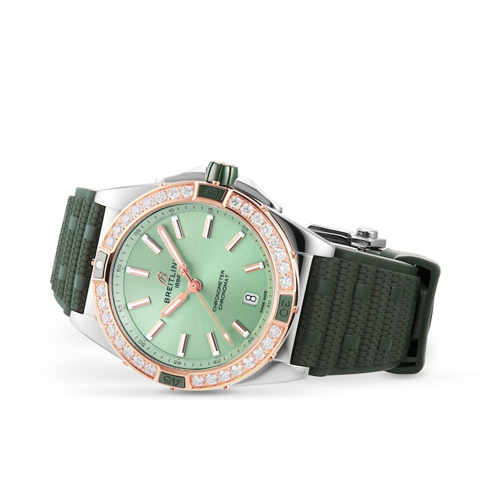 Breitling Super Chronomat Automatic 38 Green Stainless Steel & 18ct Rose Gold Rubber Strap Watch