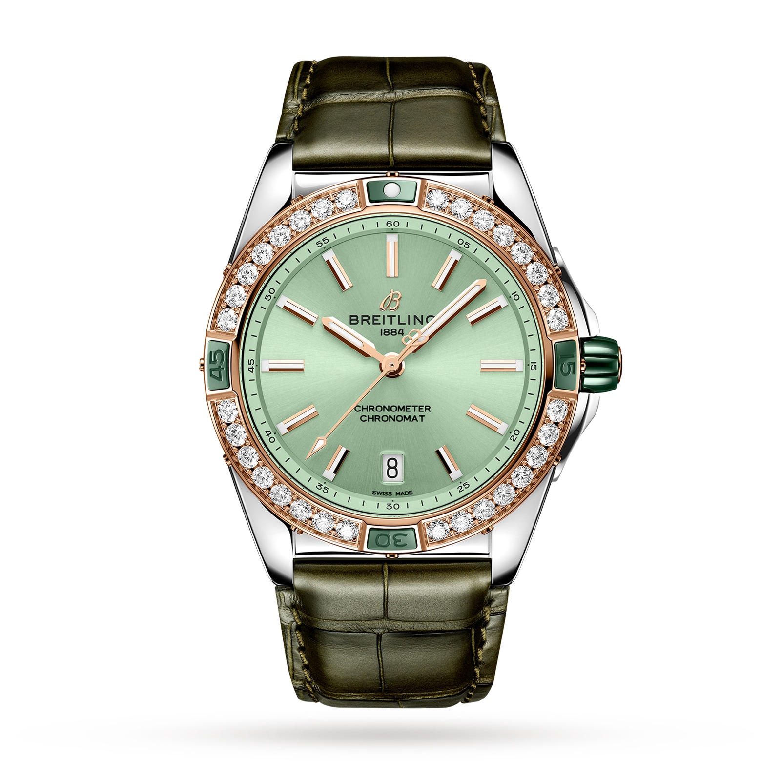 Breitling Super Chronomat Automatic 38 Green Stainless Steel & 18ct Rose Gold Leather Strap Watch Breitling Super Chronomat Automatic 38 Green Stainless Steel & 18ct Rose Gold Leather Strap Watch
