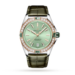 17532167 - Super Chronomat Automatic 38 Green Stainless Steel & 18ct Rose Gold Leather Strap Watch