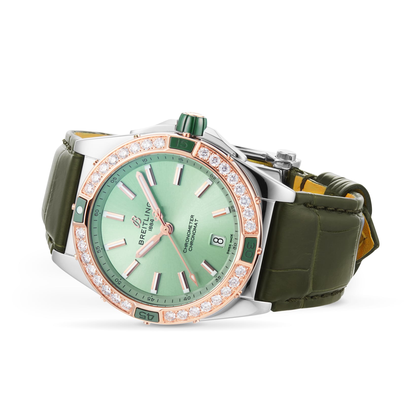 Breitling Super Chronomat Automatic 38 Green Stainless Steel & 18ct Rose Gold Leather Strap Watch Breitling Super Chronomat Automatic 38 Green Stainless Steel & 18ct Rose Gold Leather Strap Watch