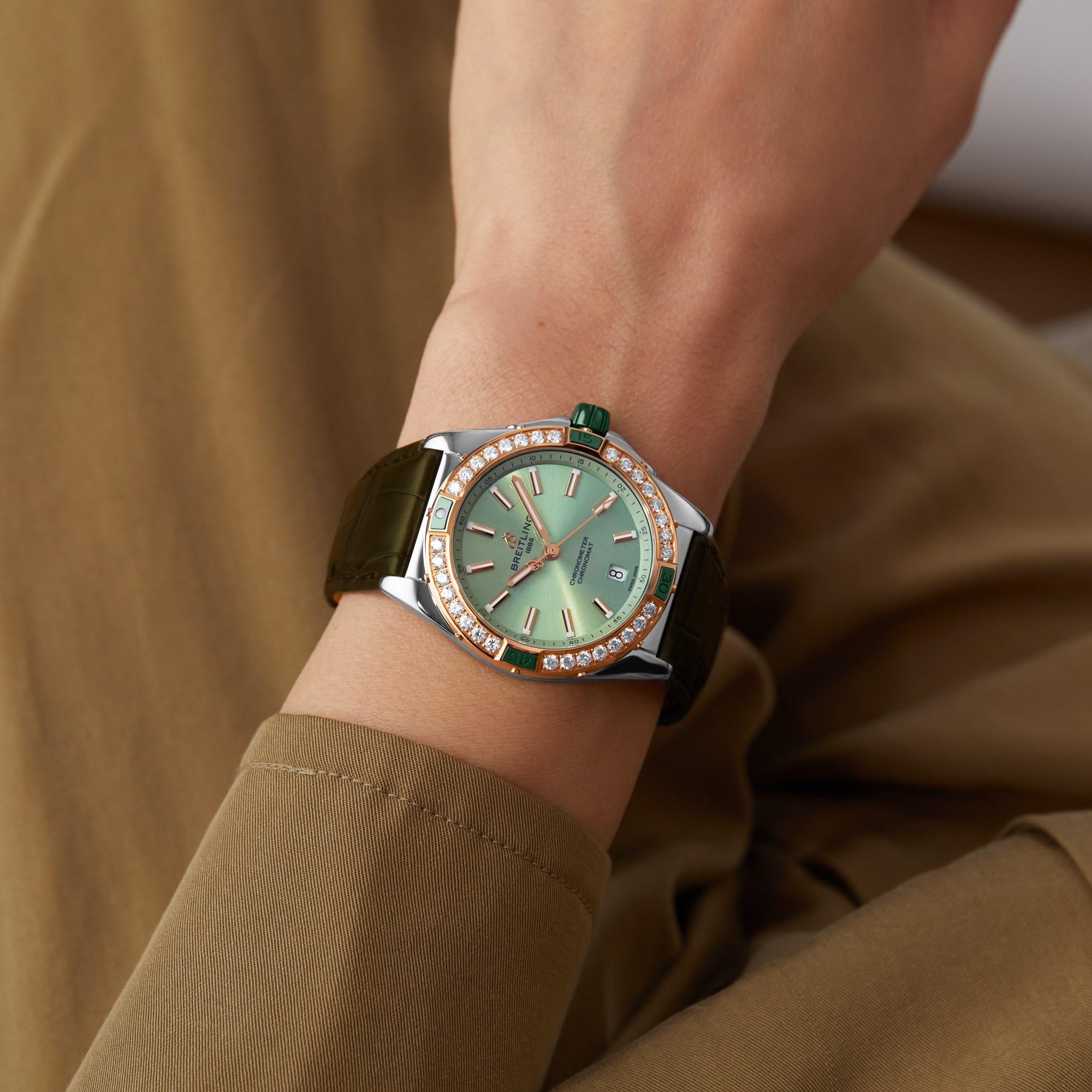 Breitling Super Chronomat Automatic 38 Green Stainless Steel & 18ct Rose Gold Leather Strap Watch Breitling Super Chronomat Automatic 38 Green Stainless Steel & 18ct Rose Gold Leather Strap Watch