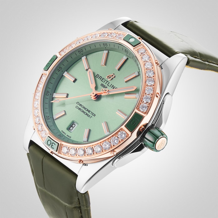 Breitling Super Chronomat Automatic 38 Green Stainless Steel & 18ct Rose Gold Leather Strap Watch
