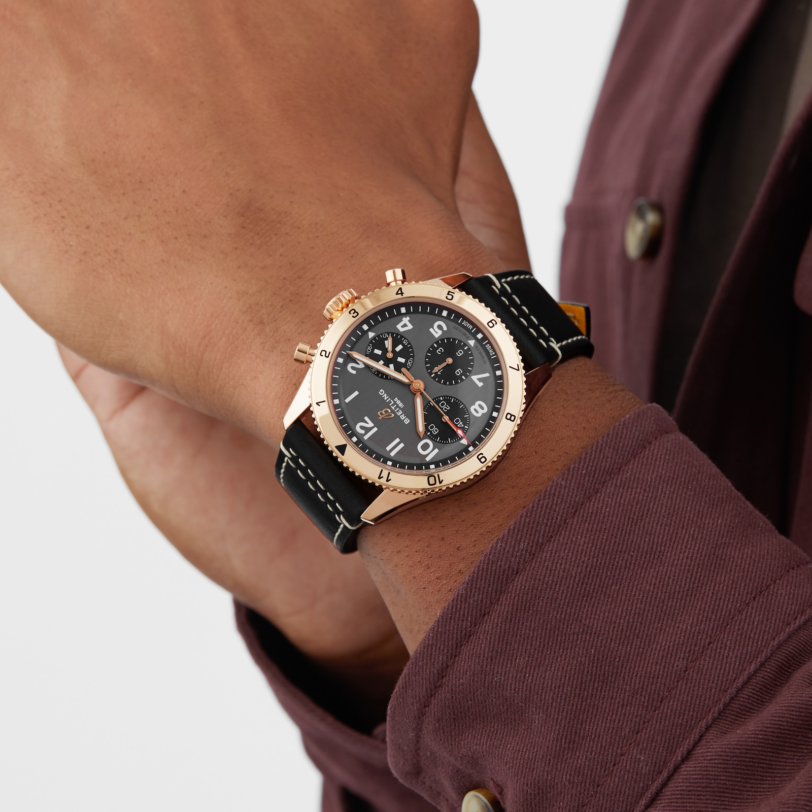 Breitling Classic AVI Chronograph 42 P-51 Mustang 18K Red Gold Leather Strap Watch