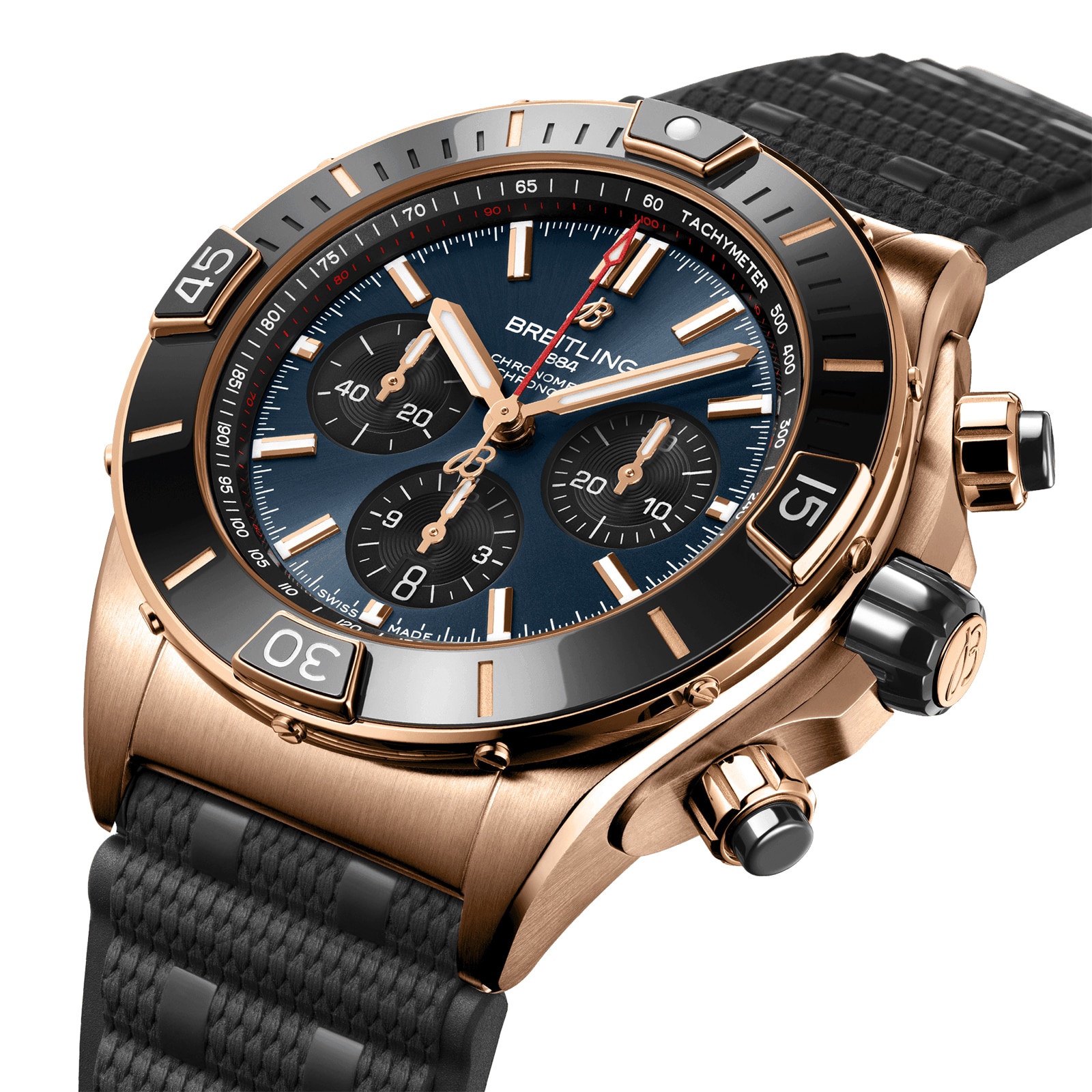 Breitling Super Chronomat B01 44 18k Red Gold Rubber Strap Watch