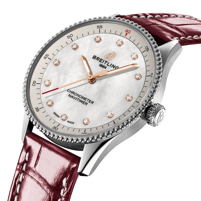 Breitling Navitimer 32mm Ladies Watch White Mother Of Pearl Alligator