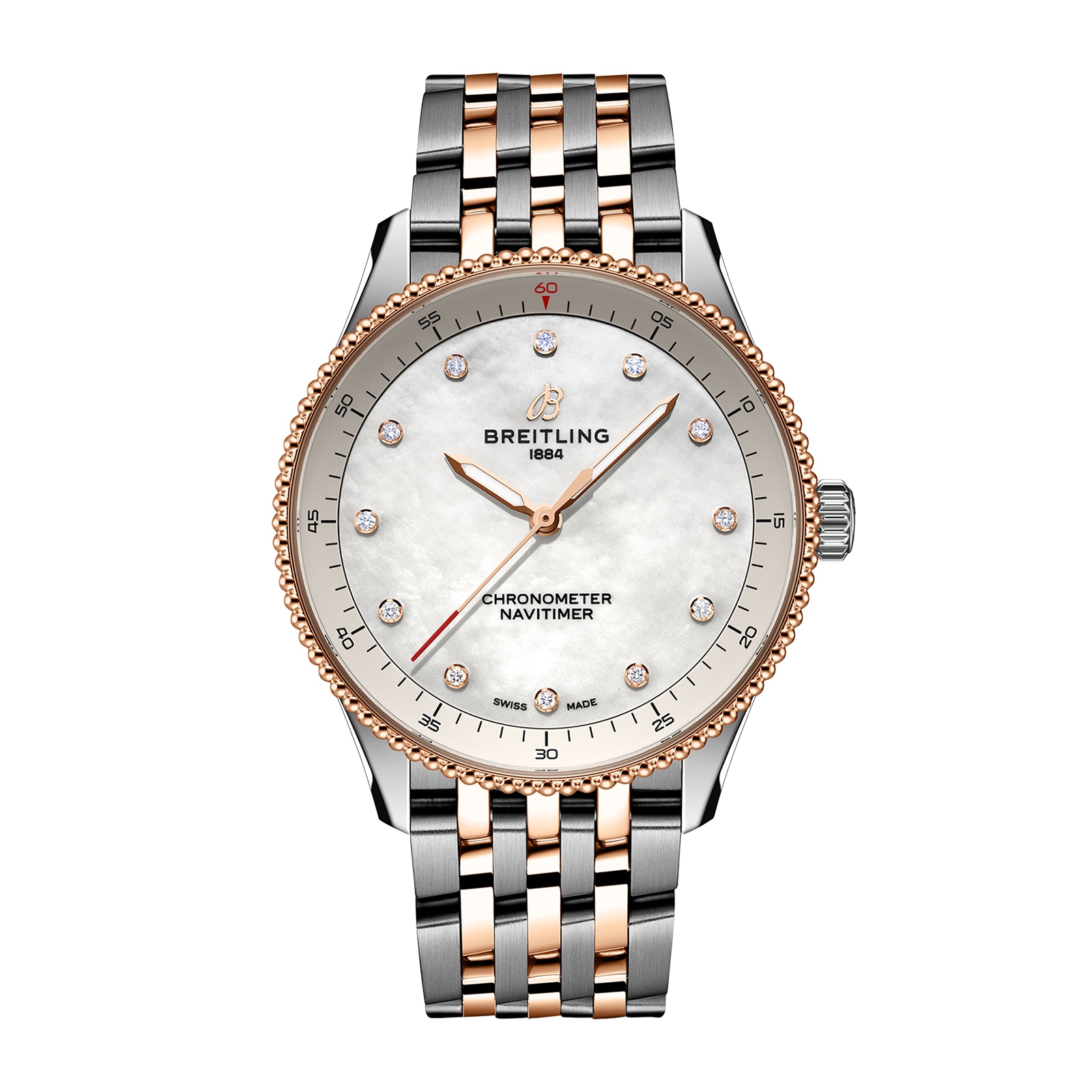 Breitling Navitimer 32mm Ladies Watch White Mother Of Pearl Stainless Steel and 18k Red Gold Breitling Navitimer 32mm Ladies Watch White Mother Of Pearl Stainless Steel and 18k Red Gold
