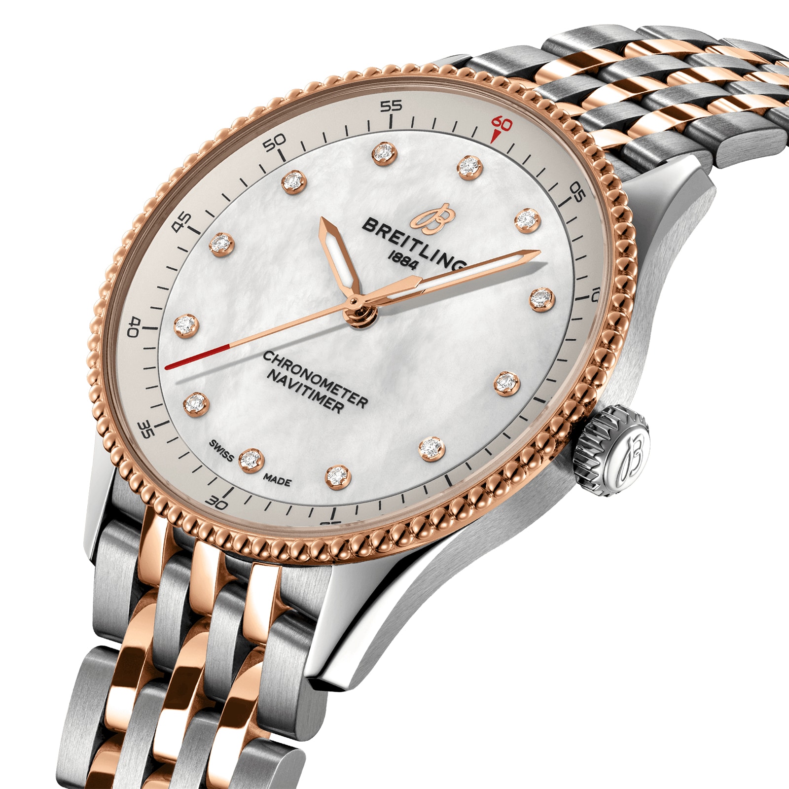 Breitling Navitimer 32mm Ladies Watch White Mother Of Pearl Stainless Steel and 18k Red Gold Breitling Navitimer 32mm Ladies Watch White Mother Of Pearl Stainless Steel and 18k Red Gold