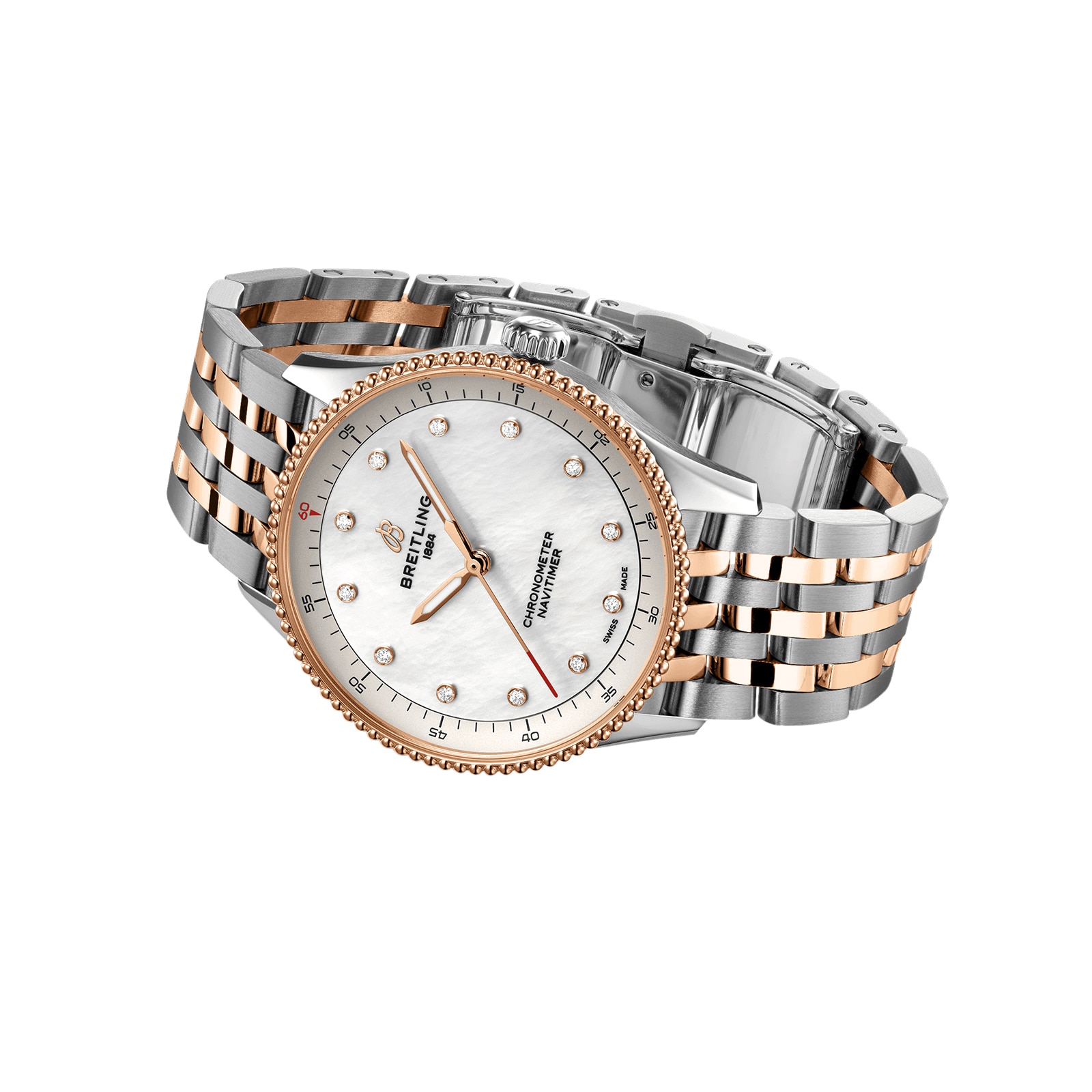Breitling Navitimer 32mm Ladies Watch White Mother Of Pearl Stainless Steel and 18k Red Gold Breitling Navitimer 32mm Ladies Watch White Mother Of Pearl Stainless Steel and 18k Red Gold