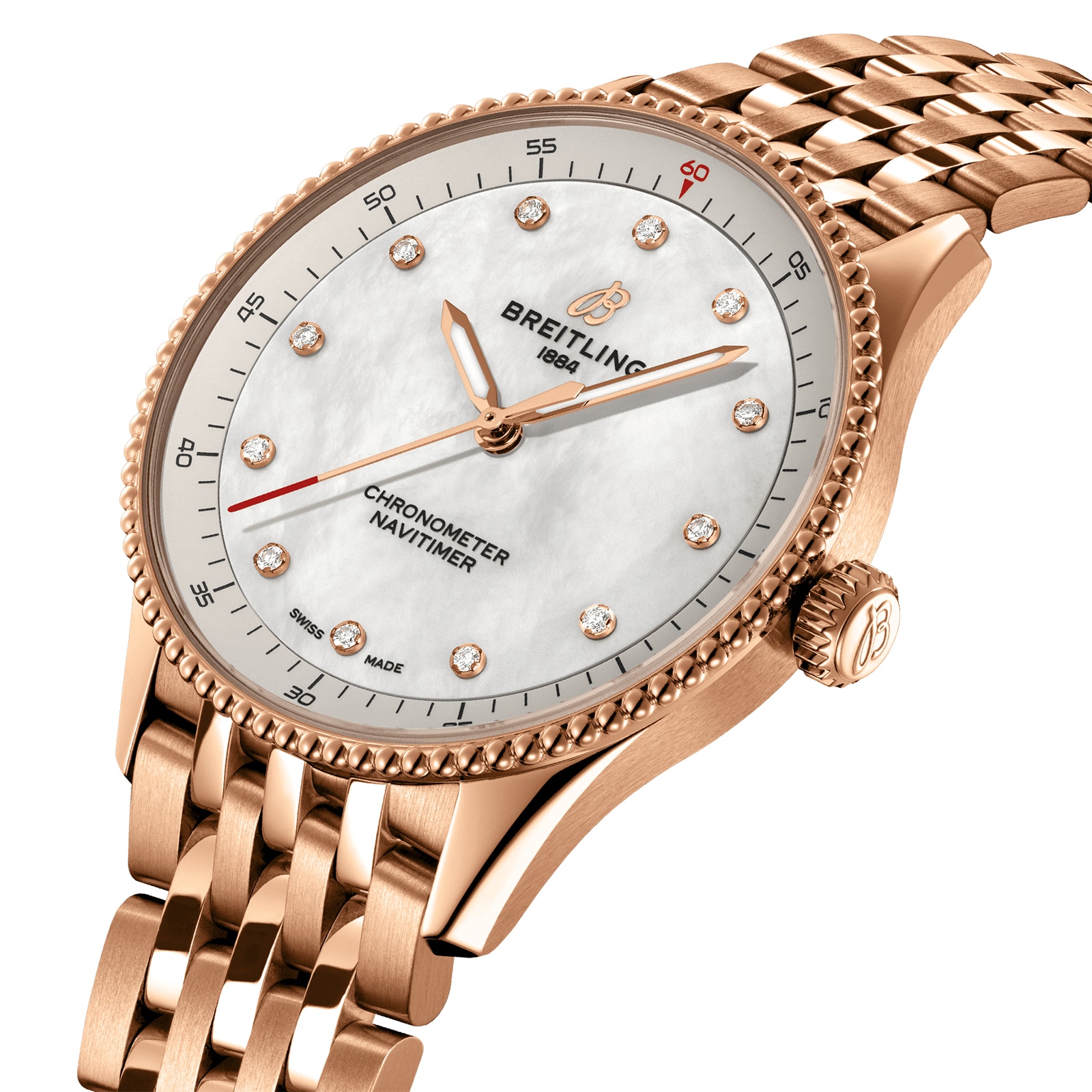 Breitling Navitimer 32mm Ladies Watch White Mother Of Pearl 18k Red Gold Breitling Navitimer 32mm Ladies Watch White Mother Of Pearl 18k Red Gold