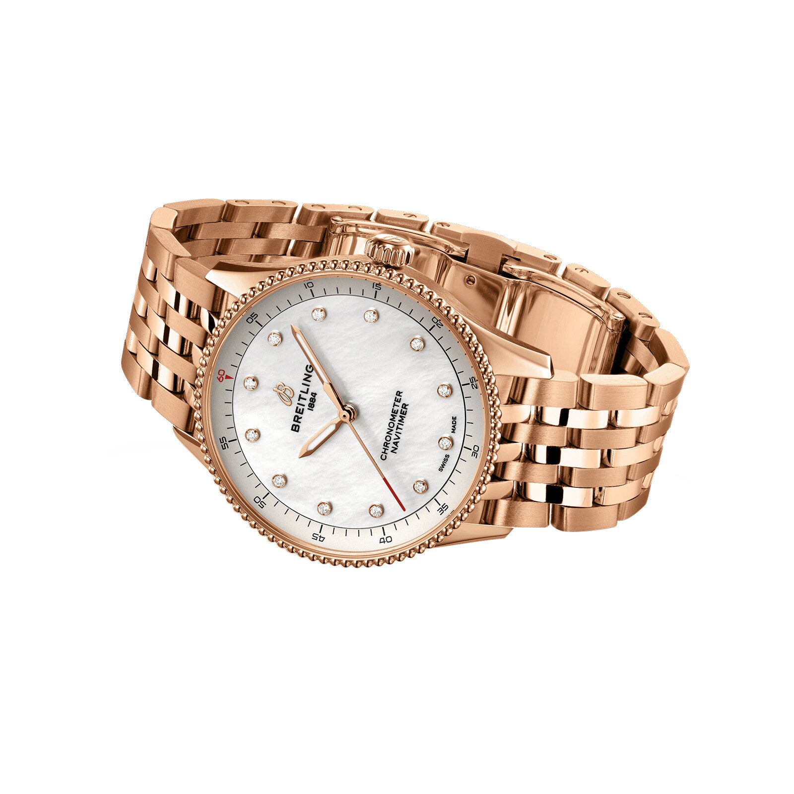 Breitling Navitimer 32mm Ladies Watch White Mother Of Pearl 18k Red Gold