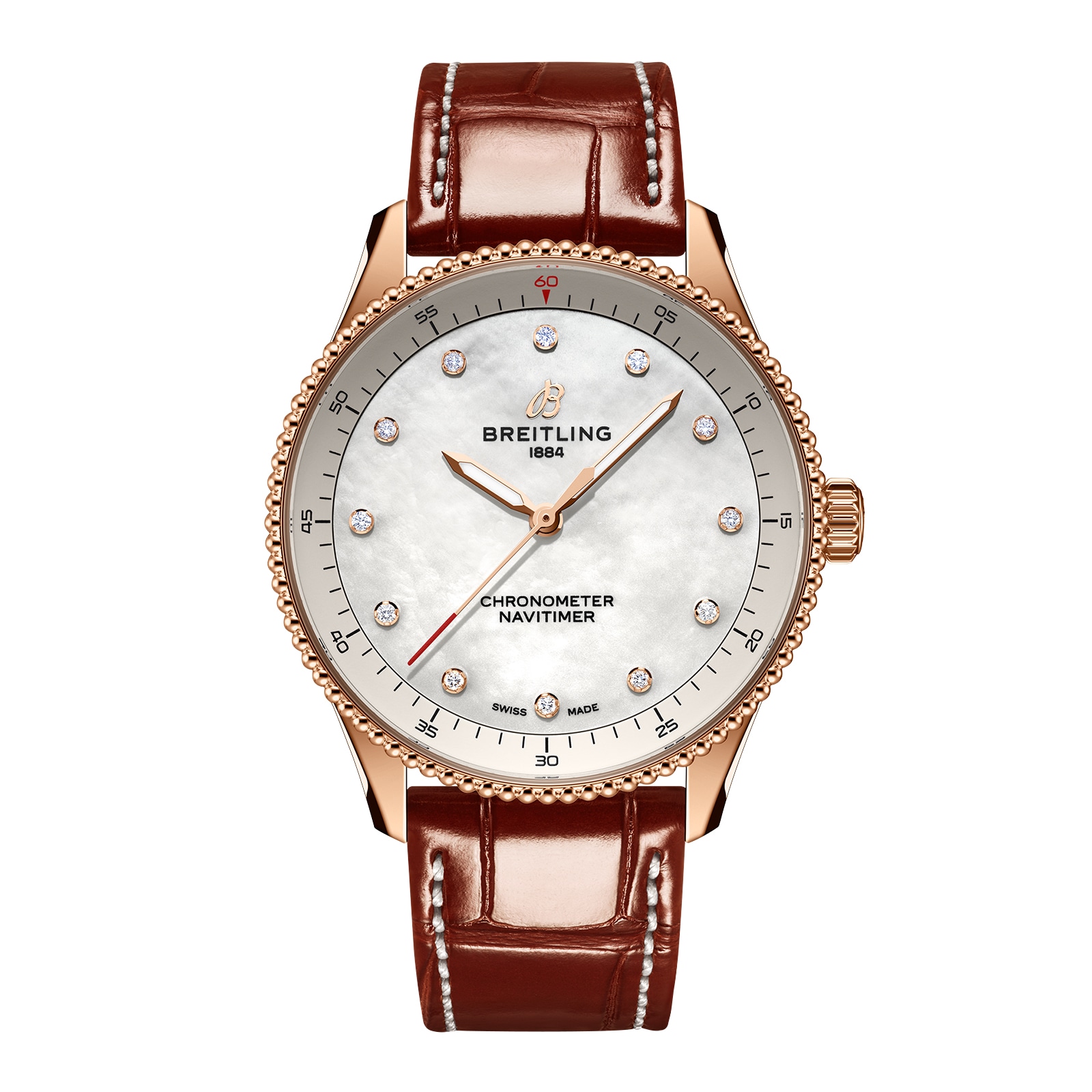 Breitling Navitimer 32mm Ladies Watch White Mother Of Pearl Alligator 18k Red Gold Breitling Navitimer 32mm Ladies Watch White Mother Of Pearl Alligator 18k Red Gold