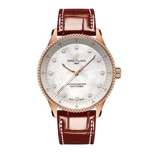 Breitling Navitimer 32mm Ladies Watch White Mother Of Pearl Alligator 18k Red Gold