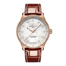 17532265 - Navitimer 32mm Ladies Watch White Mother Of Pearl Alligator 18k Red Gold