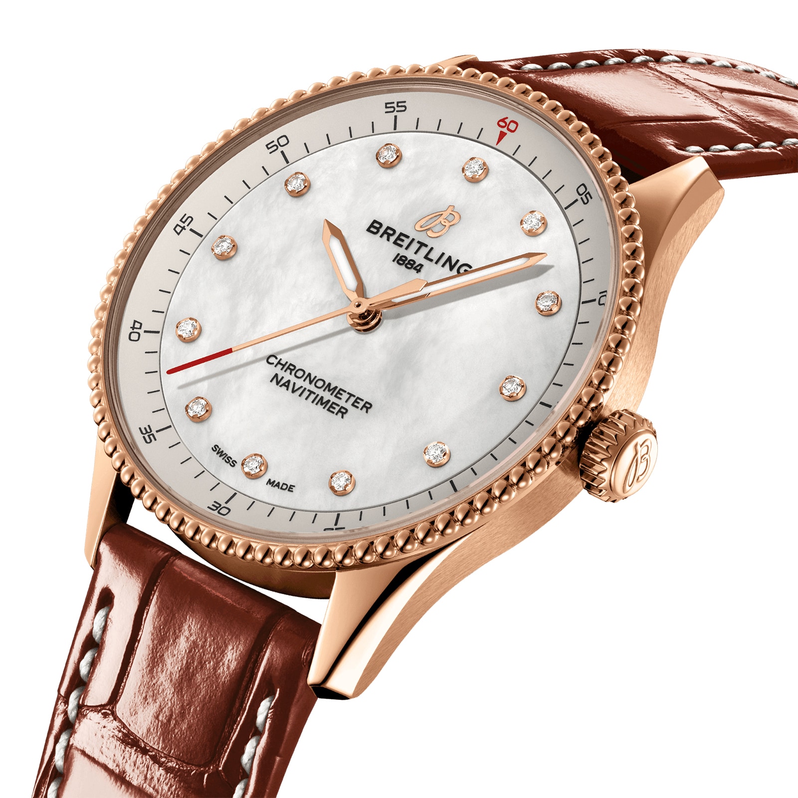 Breitling Navitimer 32mm Ladies Watch White Mother Of Pearl Alligator 18k Red Gold Breitling Navitimer 32mm Ladies Watch White Mother Of Pearl Alligator 18k Red Gold