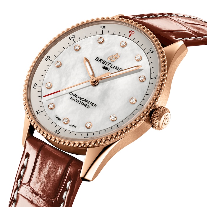 Breitling Navitimer 32mm Ladies Watch White Mother Of Pearl Alligator 18k Red Gold