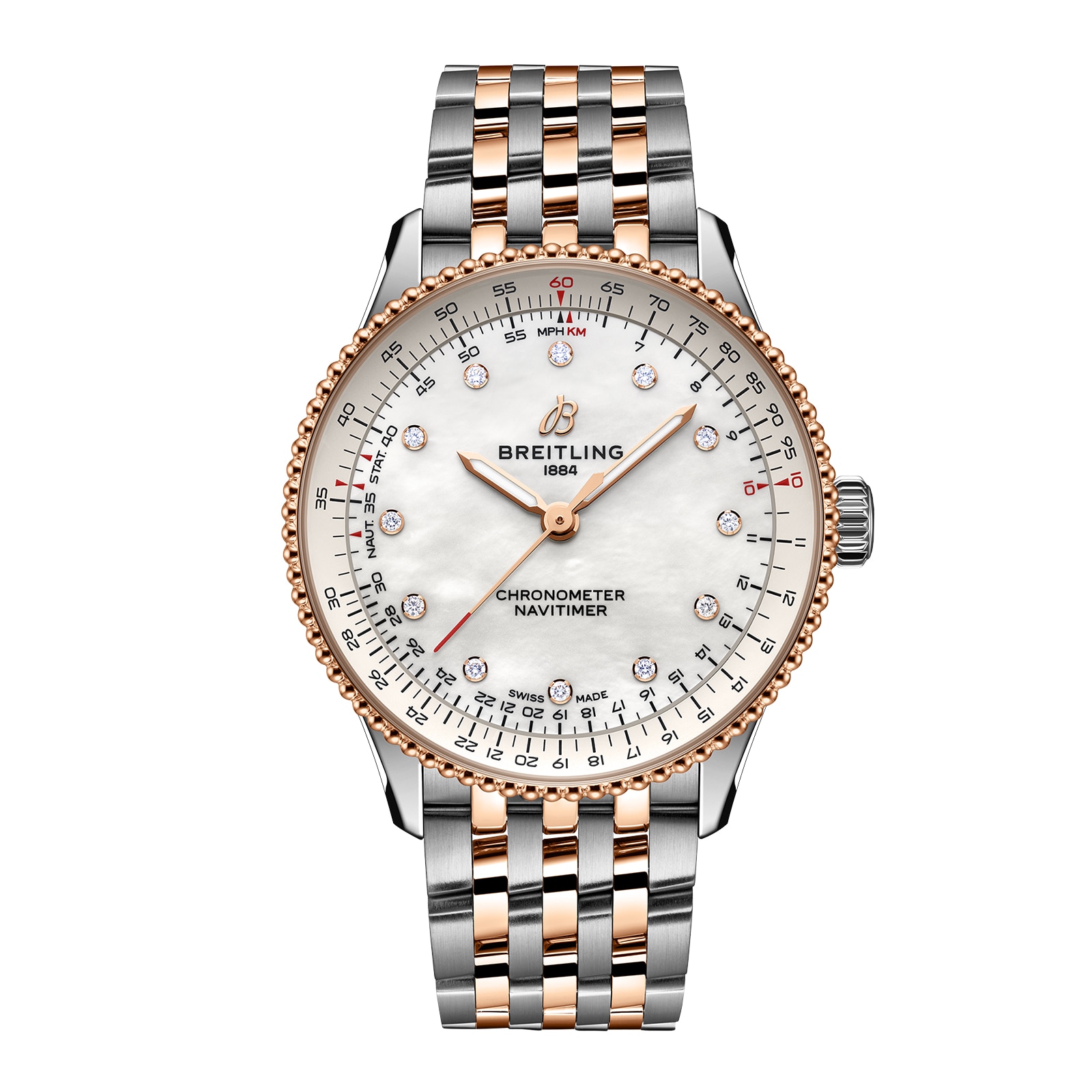 Breitling Navitimer 36mm Ladies Watch White Mother Of Pearl Stainless Steel And 18k Red Gold