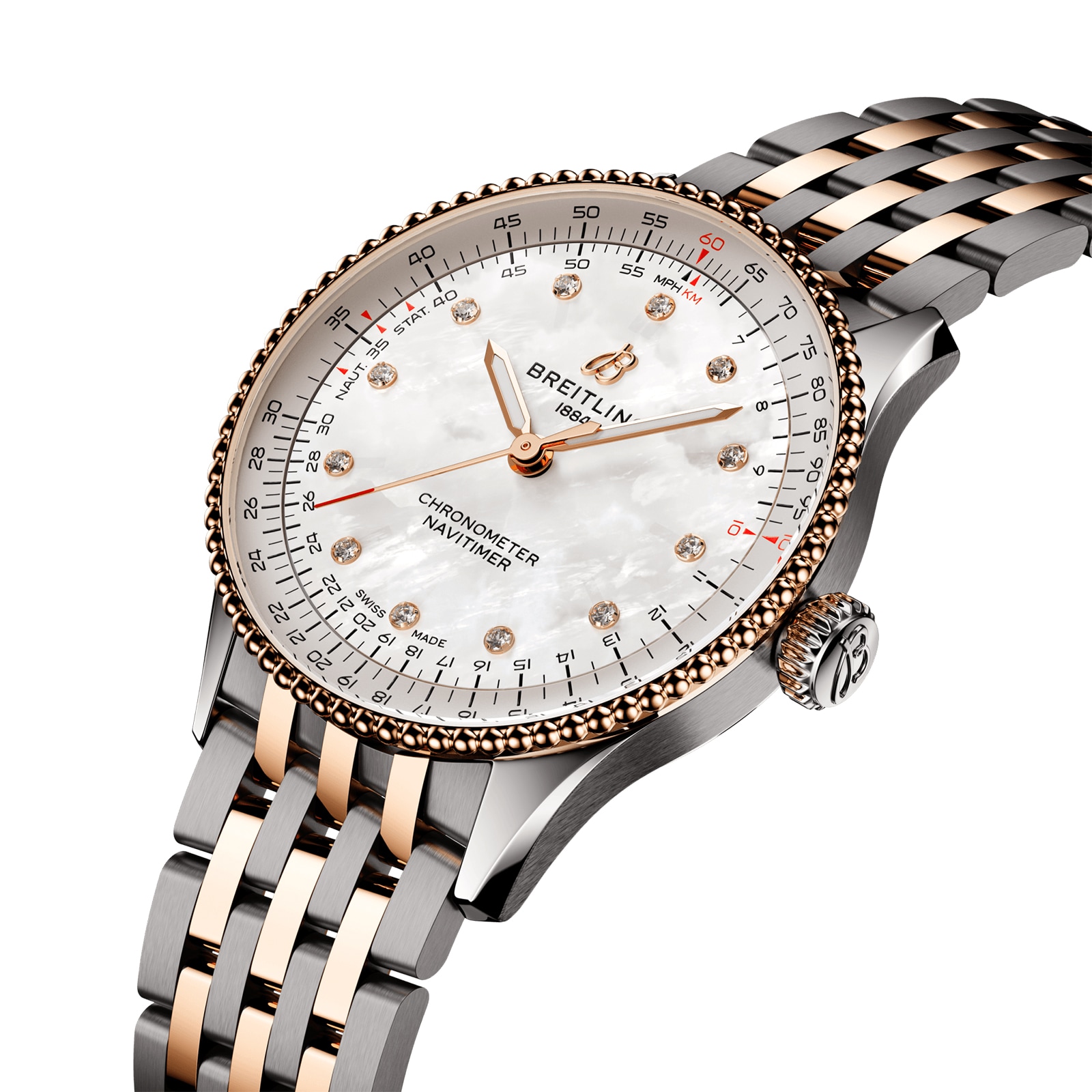Breitling Navitimer 36mm Ladies Watch White Mother Of Pearl Stainless Steel And 18k Red Gold