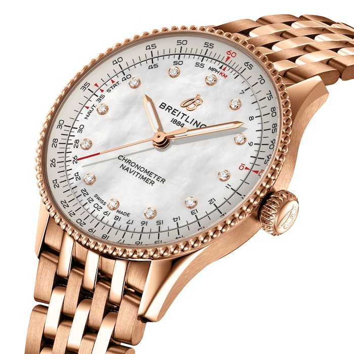 Breitling Navitimer 36mm Ladies Watch White Mother Of Pearl 18k Red Gold