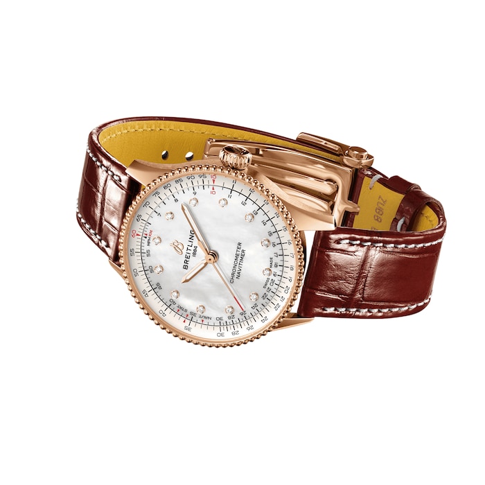 Breitling Navitimer 36mm Ladies Watch White Mother Of Pearl Alligator 18k Red Gold