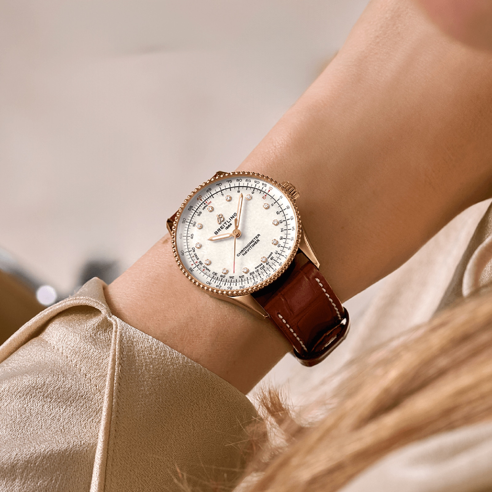 Breitling Navitimer 36mm Ladies Watch White Mother Of Pearl Alligator 18k Red Gold