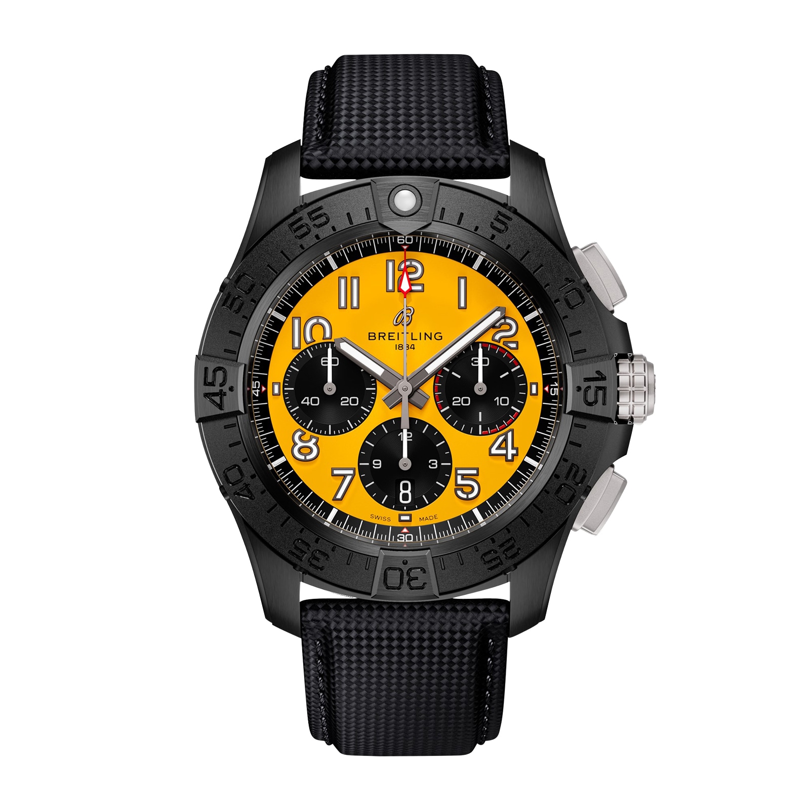 Breitling Avenger B01 Chronograph 44mm Night Mission Mens Watch Yellow Black Leather