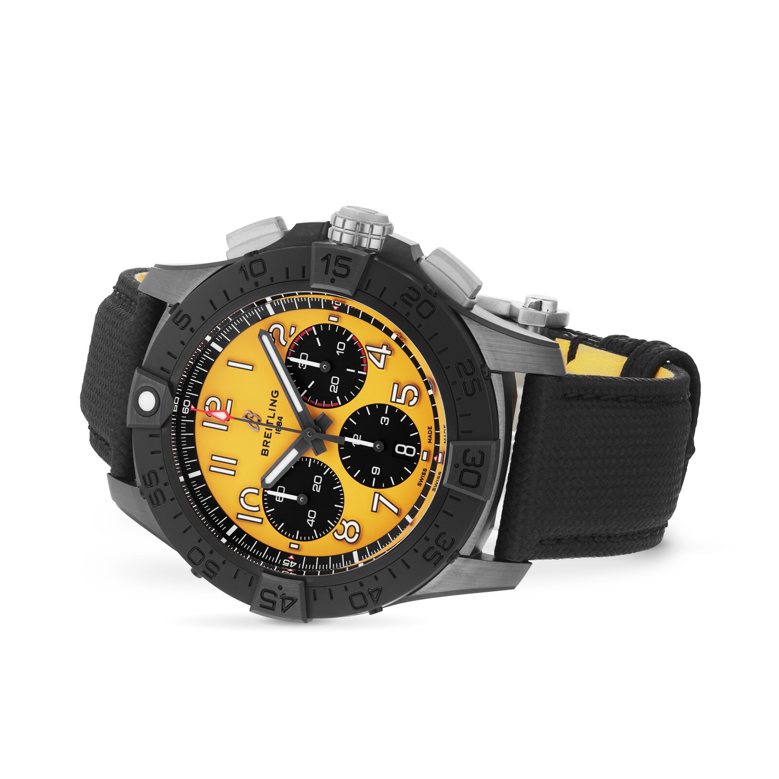 Breitling Avenger B01 Chronograph 44mm Night Mission Mens Watch Yellow Black Leather