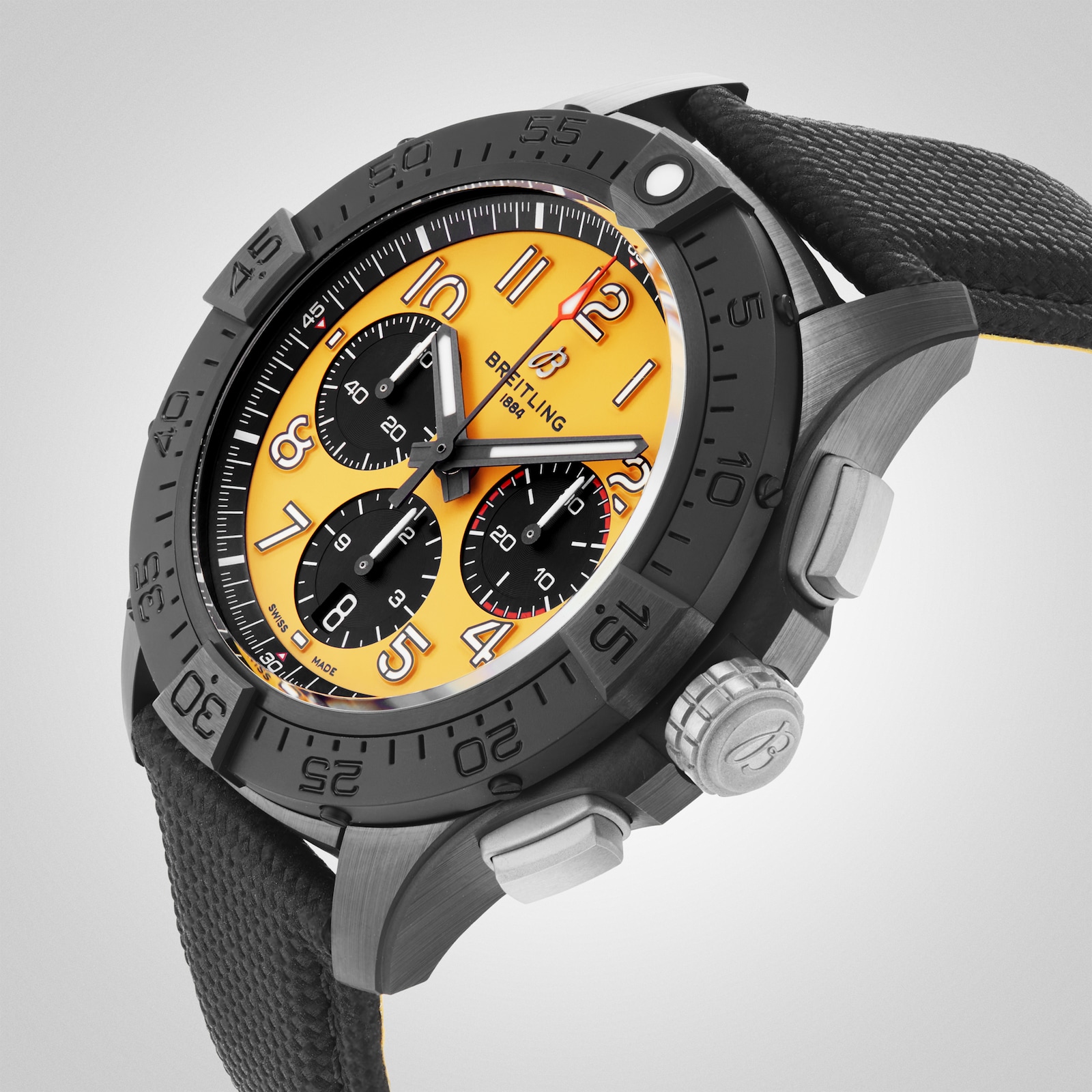 Breitling Avenger B01 Chronograph 44mm Night Mission Mens Watch Yellow Black Leather