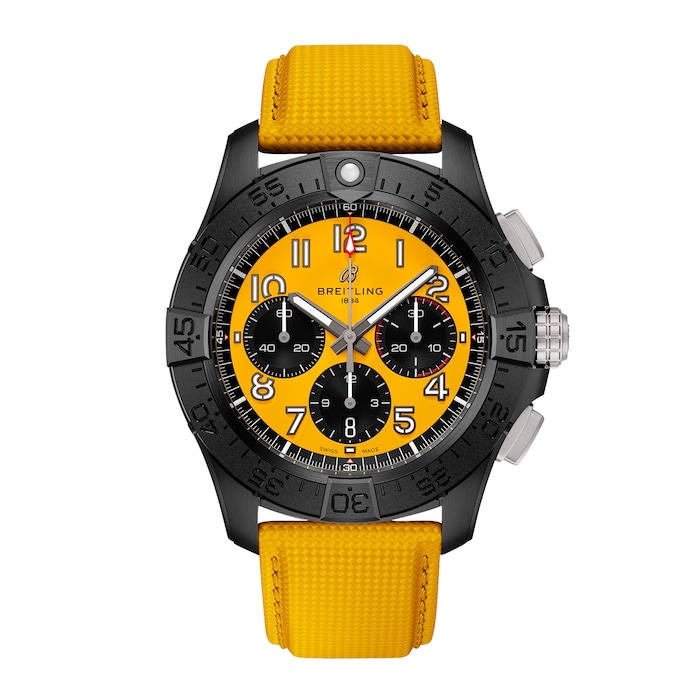 Breitling Avenger B01 Chronograph 44mm Night Mission Mens Watch Yellow Leather