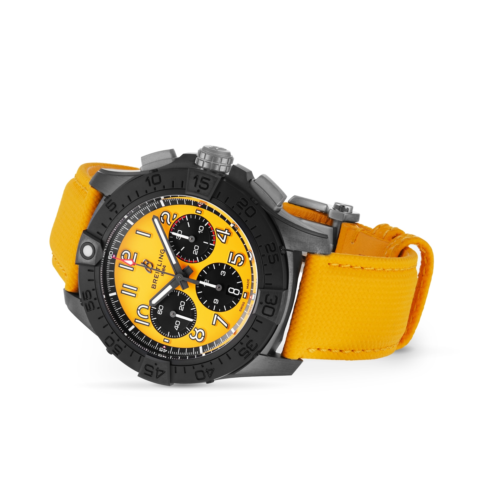 Breitling Avenger B01 Chronograph 44mm Night Mission Mens Watch Yellow Leather