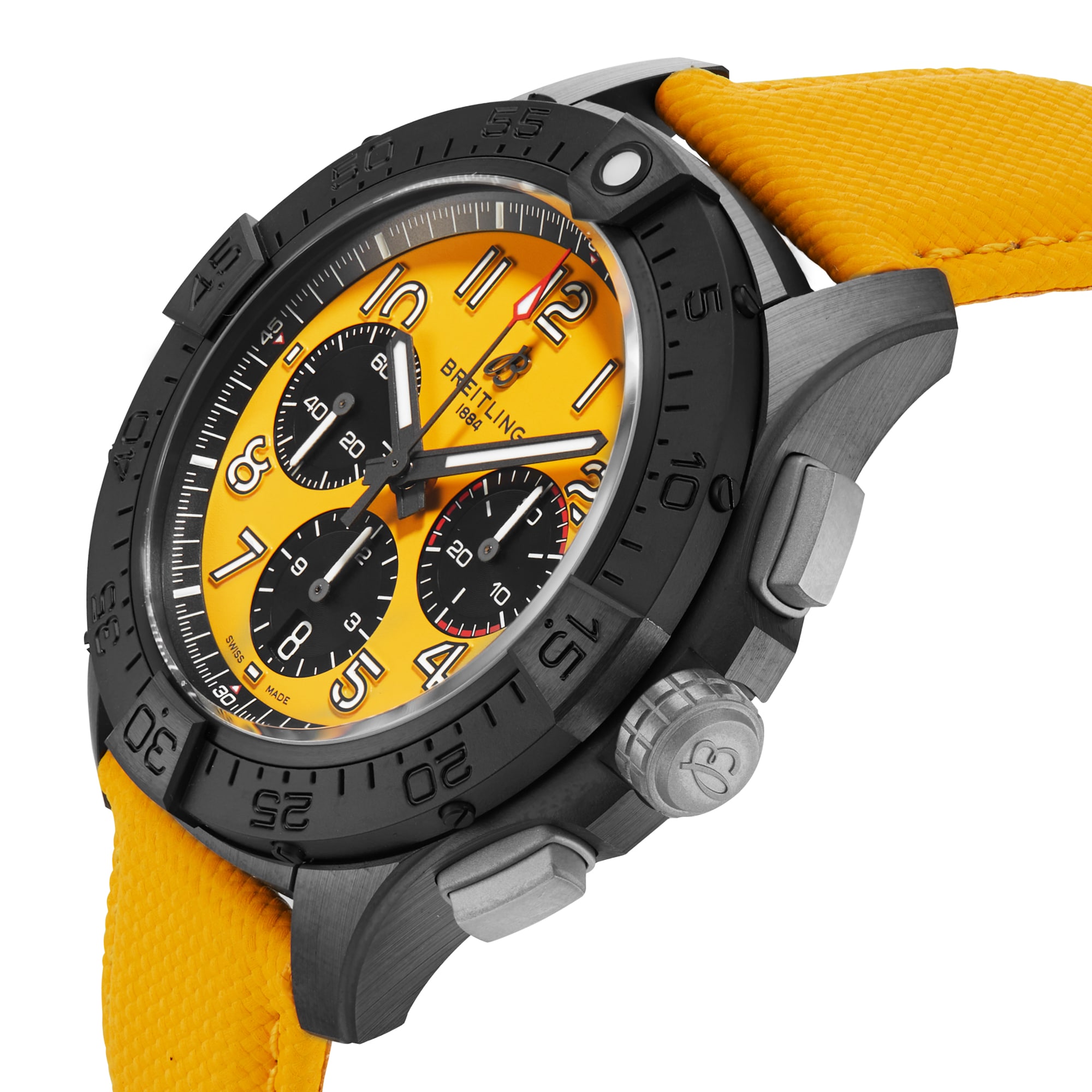 Breitling Avenger B01 Chronograph 44mm Night Mission Mens Watch Yellow Leather