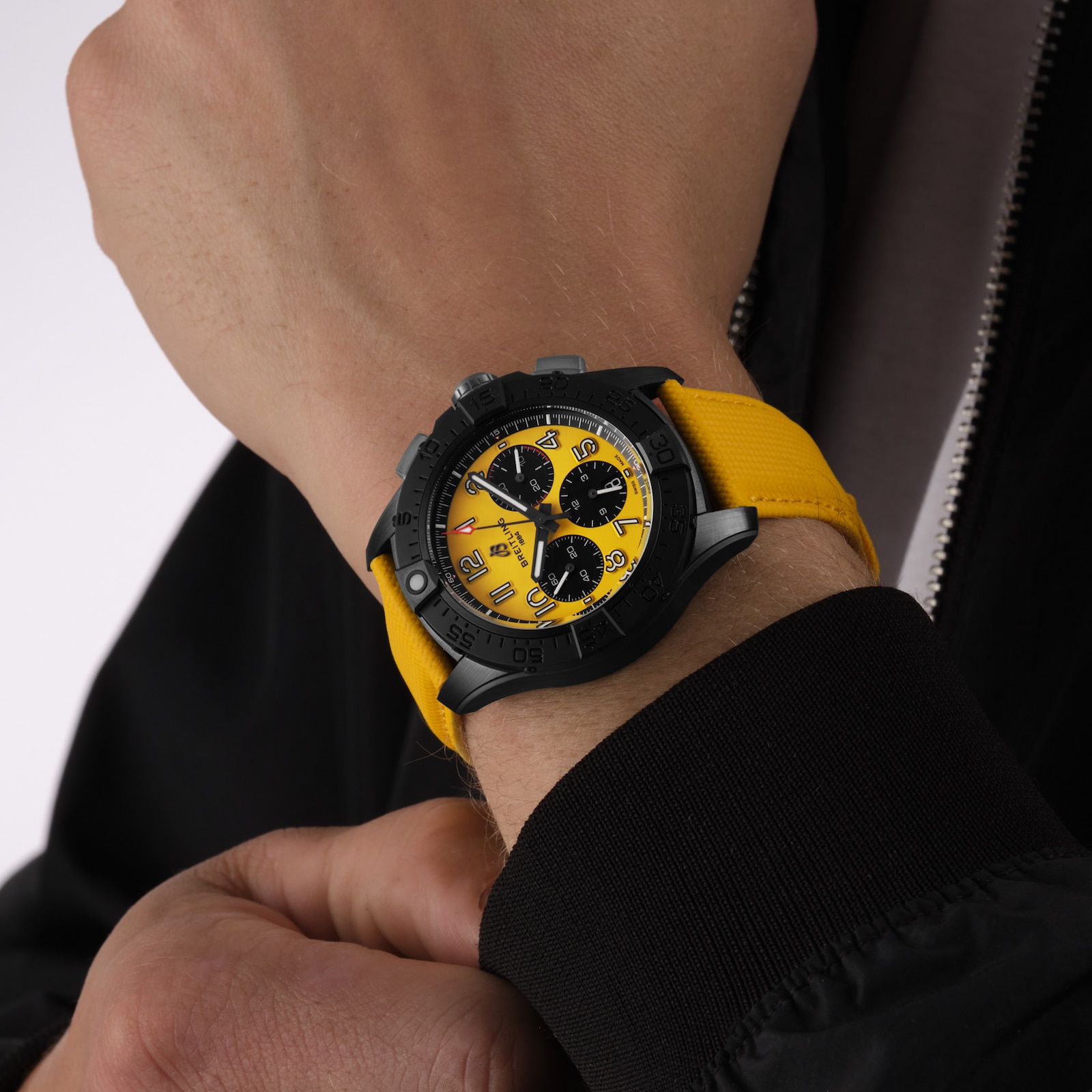 Breitling Avenger B01 Chronograph 44mm Night Mission Mens Watch Yellow Leather