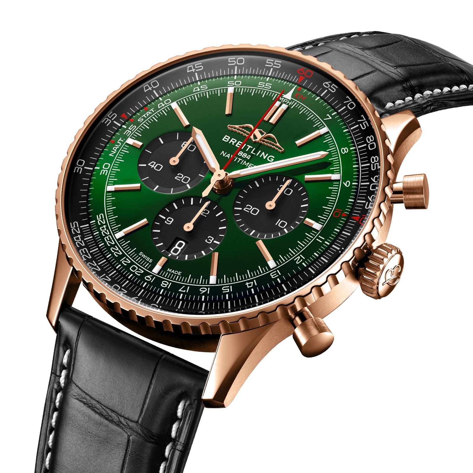 Breitling Navitimer Chronograph 18ct Rose Gold 46mm Mens Watch Green Alligator