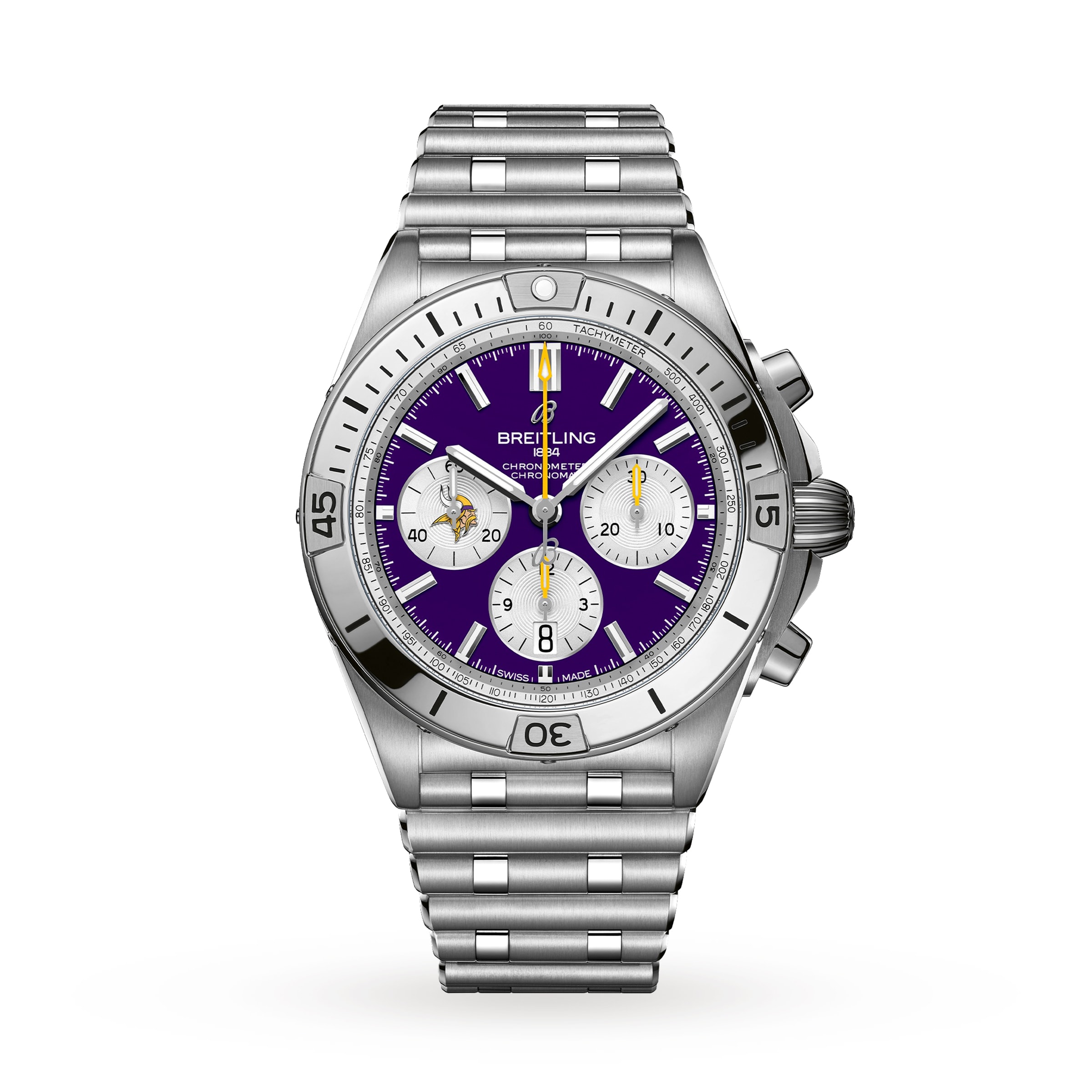 Breitling Chronomat B01 42 Minnesota Vikings Limited Edition Mens Watch Stainless Steel AB01342B1K4A1 Watches Of Switzerland US